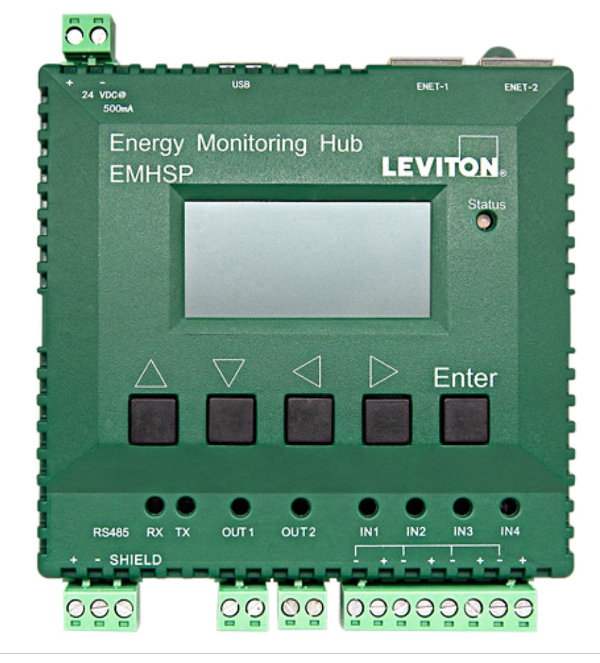 Leviton EMHSP-214 VerifEye Submetering Energy Monitoring Hub - 2 Ethernet, 1 Modbus (RS485), 4 Pulse Inputs, 2 Relay Outputs